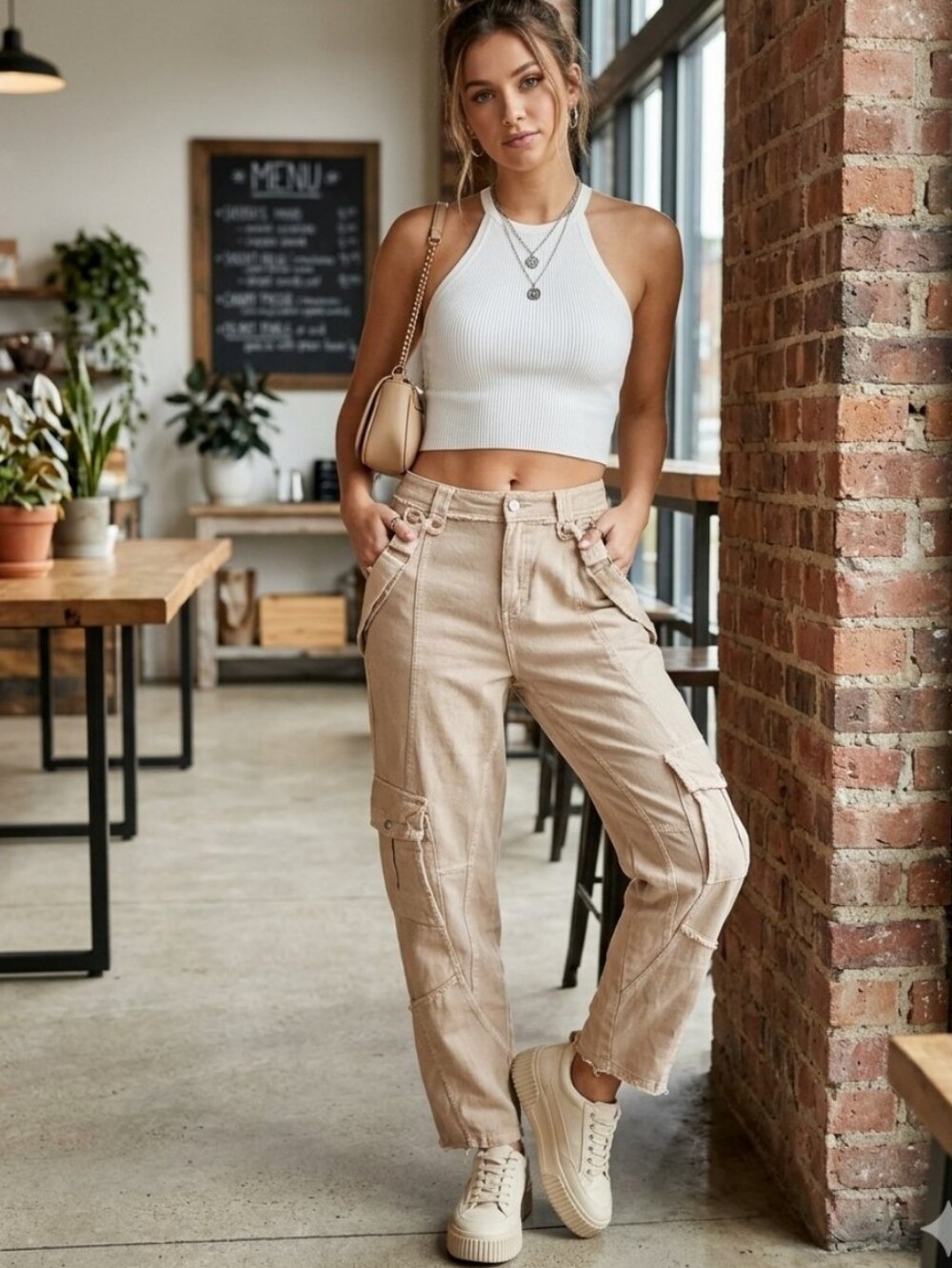 Free People Barrel Leg Cargo Suspender Pant Overall Smooth Stone Womens 2 NWT